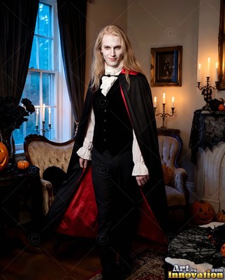 A blond man dressed as a vampire stands in a candlelit room wearing a black and red cape
