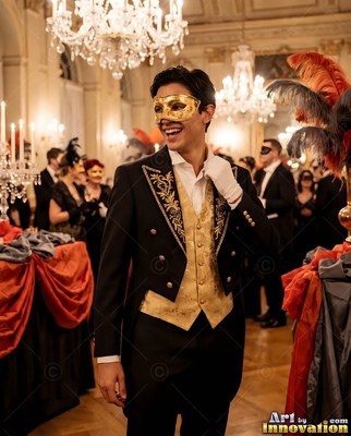 A smiling man in a gold mask and black suit at a ballroom party