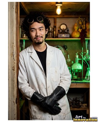 Leaning against a doorway in a lab, a man has on a white coat and black gloves