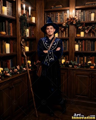 Smiling with folded arms, a man in a blue wizard robe stands in a library lined with books