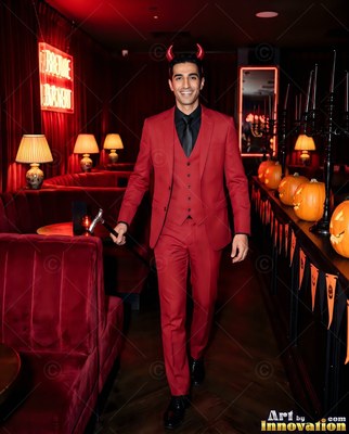 Wearing red devil horns, a smiling man in a crimson suit walks down a dark lounge lined with pumpkins
