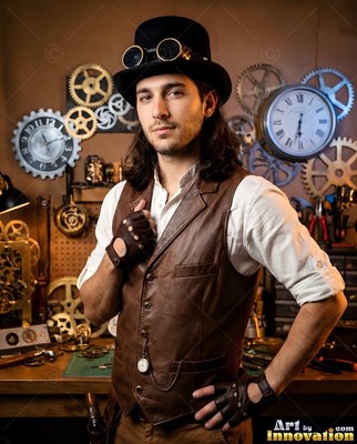 In a clockmaker workshop, a man poses in a top hat and leather vest