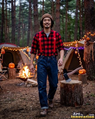 Red suspenders over plaid dress a smiling man walking past tents at a camp fire