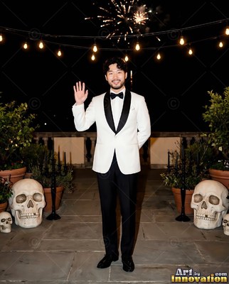 A man with a smile waves in a white tuxedo jacket between skull props under warm string lights