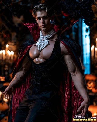 Standing tall in a dark candlelit room, a muscular man poses in a vampire cape