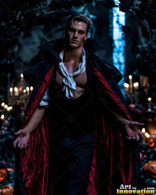 A man in a vampire costume opens his red-lined black cape in dim candlelight