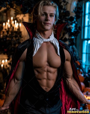 In a dark room with candles, a shirtless man is dressed in a vampire cape