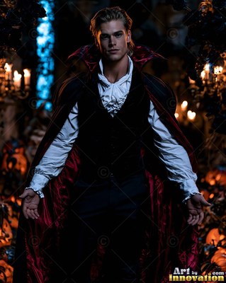 Posing in candlelight, a man is wearing a dark vampire cape lined with red satin