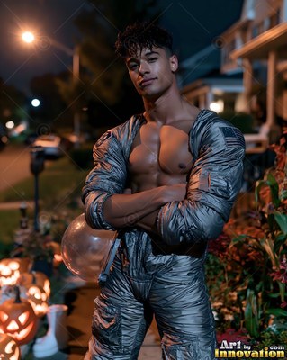 Man in an open silver astronaut suit on a sidewalk by jack-o'-lanterns
