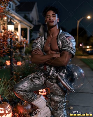 An unzipped silver astronaut suit shows a man's bare chest on a dark suburban sidewalk