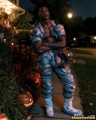A man in an open silver spacesuit poses on a walkway beside warm porch light