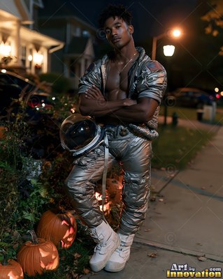 Standing with crossed arms on a sidewalk, a man wears a silver space suit