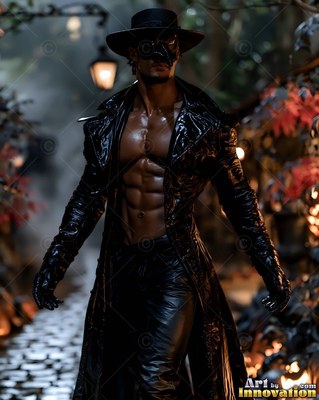 A shirtless man walks along a dark cobblestone path in an open black trench coat