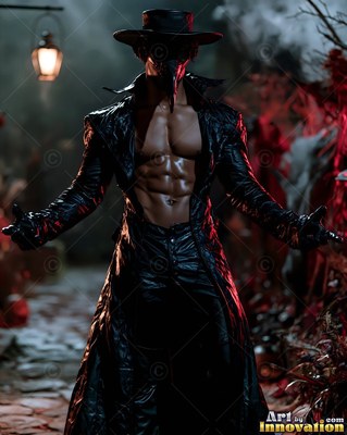 Standing at night, a muscular man poses bare-chested in an open black leather coat and beak mask