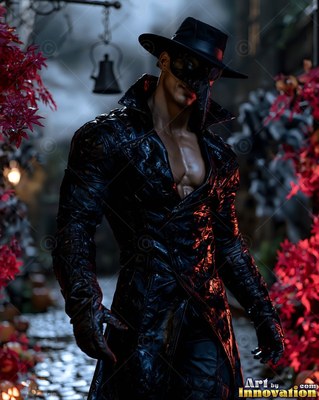 Man in a black mask and open leather coat on a dark path