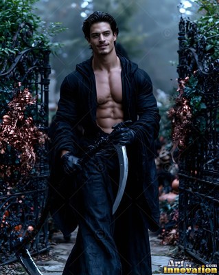 Wearing an open black robe, a bare-chested man holding a scythe walks past iron gates