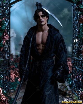 A bare-chested man rests a reaper scythe on his shoulder under cool blue moonlight