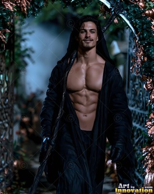 Standing in a dark courtyard, a happy man wears an open black grim reaper robe