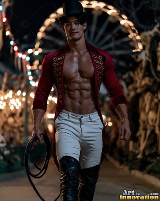 At a dark carnival, a shirtless man walks in a top hat and red ringmaster coat