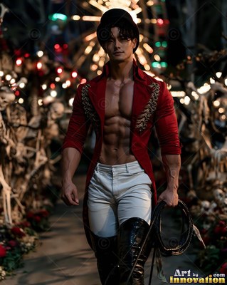 Holding a whip, a bare-chested ringmaster man has on a red jacket and top hat
