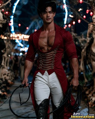 A shirtless man in an open red coat holds a black whip