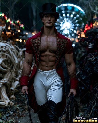 A tall black top hat tops a muscular man in a red ringmaster coat near a carnival wheel