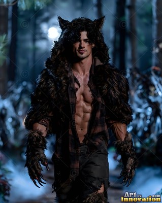 A man in a werewolf costume walks through dark woods under cool blue moonlight