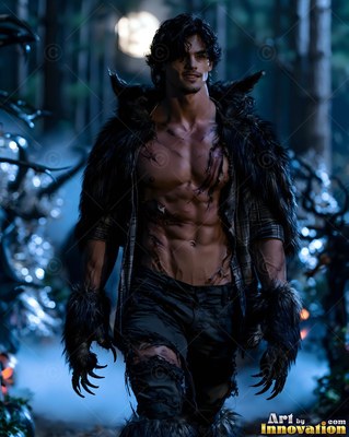 Walking toward the front in a dark forest, a bare-chested werewolf man in black fur
