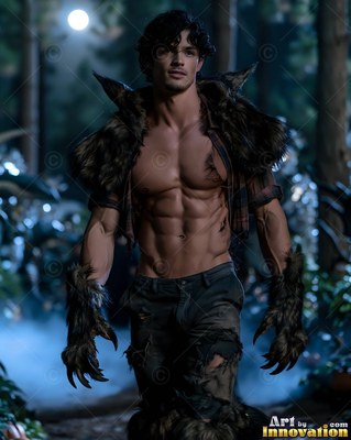A shirtless werewolf man with furry wolf claws walks through dark woods under moonlight
