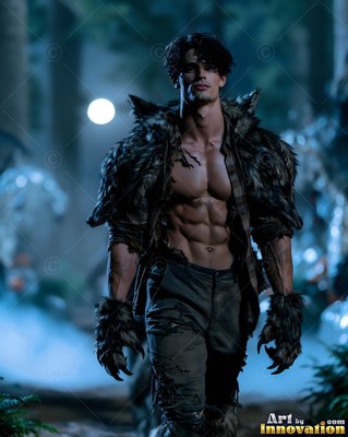In a moonlit forest, a bare-chested man walks in a furry wolf costume
