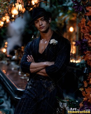 Crossing his arms, a man in a black fedora and pinstripe suit stands near soft lights