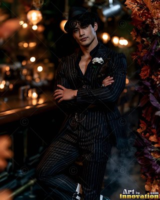 Man in an open pinstripe suit and fedora with arms crossed