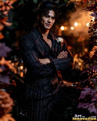 A man stands with arms crossed in a pinstripe suit, lit by warm bokeh lights in the dark background