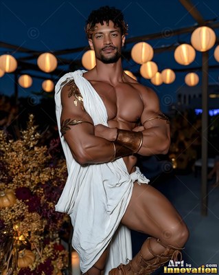 Arms crossed, a man in a white toga stands beneath hanging round paper lanterns
