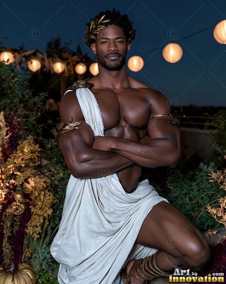 A muscular man in a white toga and gold wreath kneels under patio lights