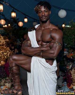 Posing with arms crossed, a muscular man is dressed in a white Greek toga at night