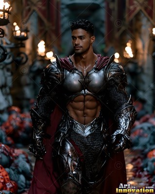 Man in silver armor and a red cape with a bare chest
