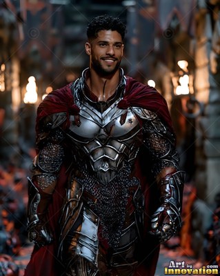 Silver armor and a deep red cape dress a man with a smile standing in a torchlit stone hall