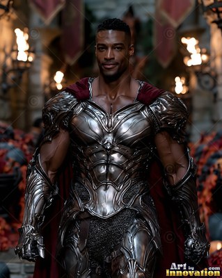 A man poses in sculpted silver armor with a red cape beside warm yellow torchlight
