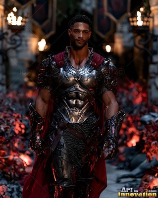 Walking forward in a stone hall, a man is dressed in metal armor with a red cape