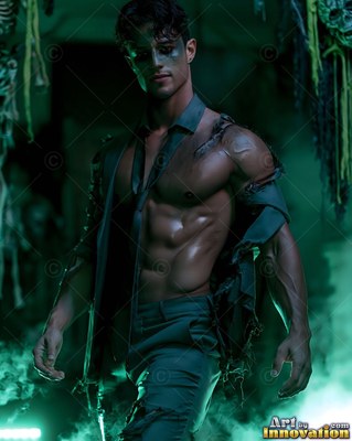 A shirtless man in a torn shirt and tie stands in green light