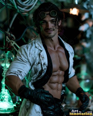 A stained white lab coat hangs open on a muscular man in a dark science lab