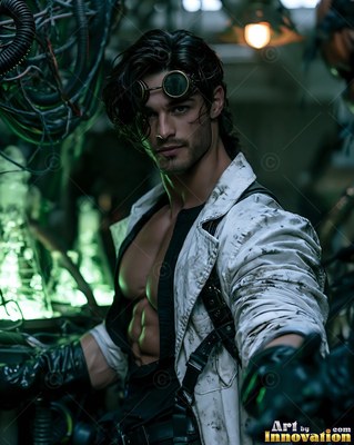 A man reaches forward in an open lab coat, illuminated by green light behind him