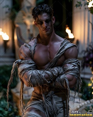 Standing with arms crossed, a muscular man is wearing tattered mummy wraps by torches
