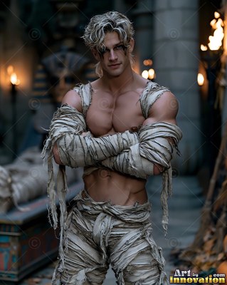 Torn mummy wraps cover the arms of a bare-chested man standing in a stone tomb by torchlight