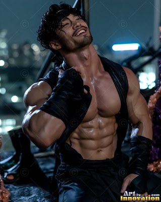 A muscular man smiles in an open black vest against soft blue city lights