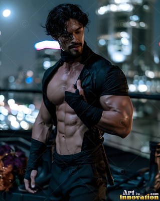 Turned sideways on a dark rooftop, a bare-chested man pulls at his black vest