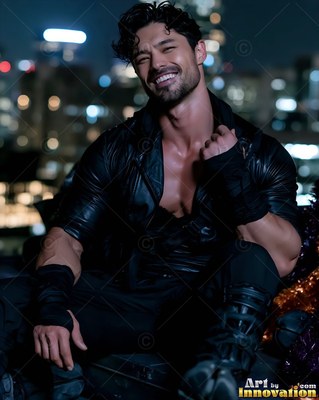 A smiling man rests on a dark rooftop at night in an open leather vest