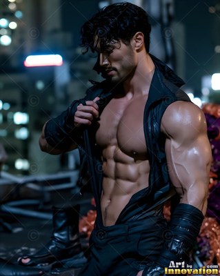 On a dark city rooftop, a muscular man poses in an open black vest and pants
