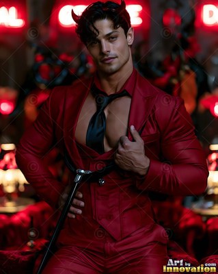 Posing with small horns, a man opens his red suit vest under red neon signs
